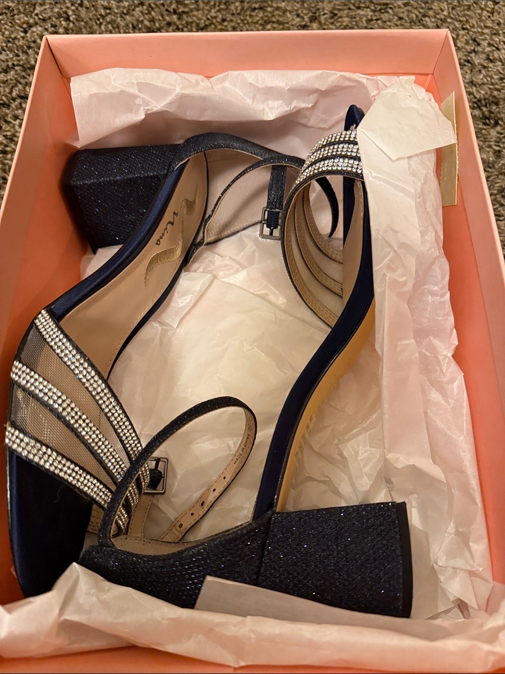 Nina Navy Blue Block Heel Sandals with Rhinestone Straps